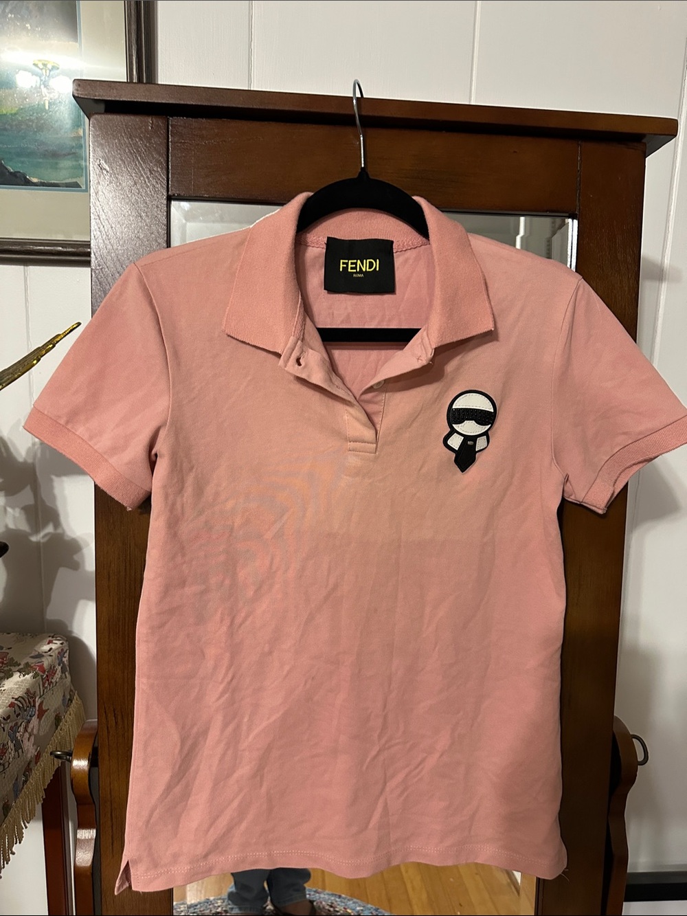 Fabulous Fendi Pink Polo Button Up Shirt with Karl Lagerfeld Logo Patch